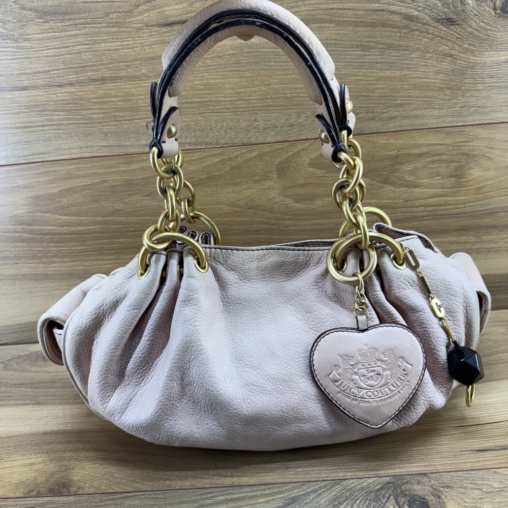 Juicy Couture Vintage Y2K Crescent Light Pink Leather Satchel Heart Charm Chain